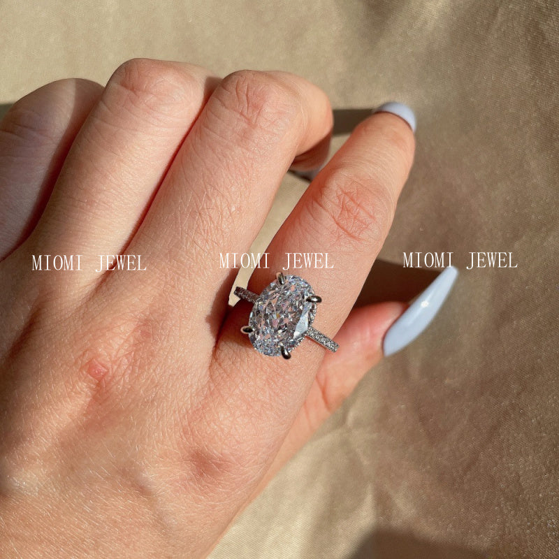 S925 Sterling Silver Oval Ring for Women Inlaid with 8A Ice Flower Cut High Carbon Diamond European and American Exquisite Wedding Ring Cross-Border