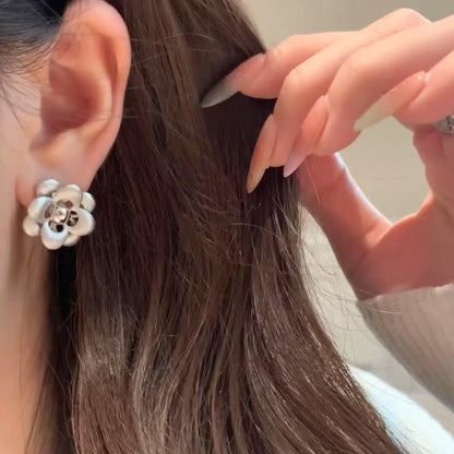 Pure Silver S925 Brushed Craft Camellia Earrings Light Luxury High-end Exquisite Unique Design Vintage Earrings