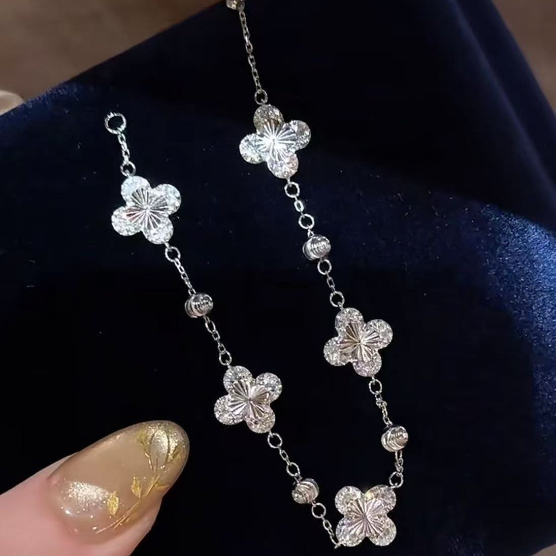 Sterling Silver S925 CNC Laser Four-Leaf Clover Bracelet Fashion Versatile Heavy Craftsmanship Four-Leaf Clover Light Luxury High-End Design