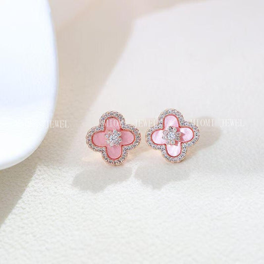 Popular Pink silver  Four-Leaf Flower Earrings, ewelry Set Minimalist Luxury & Niche Style