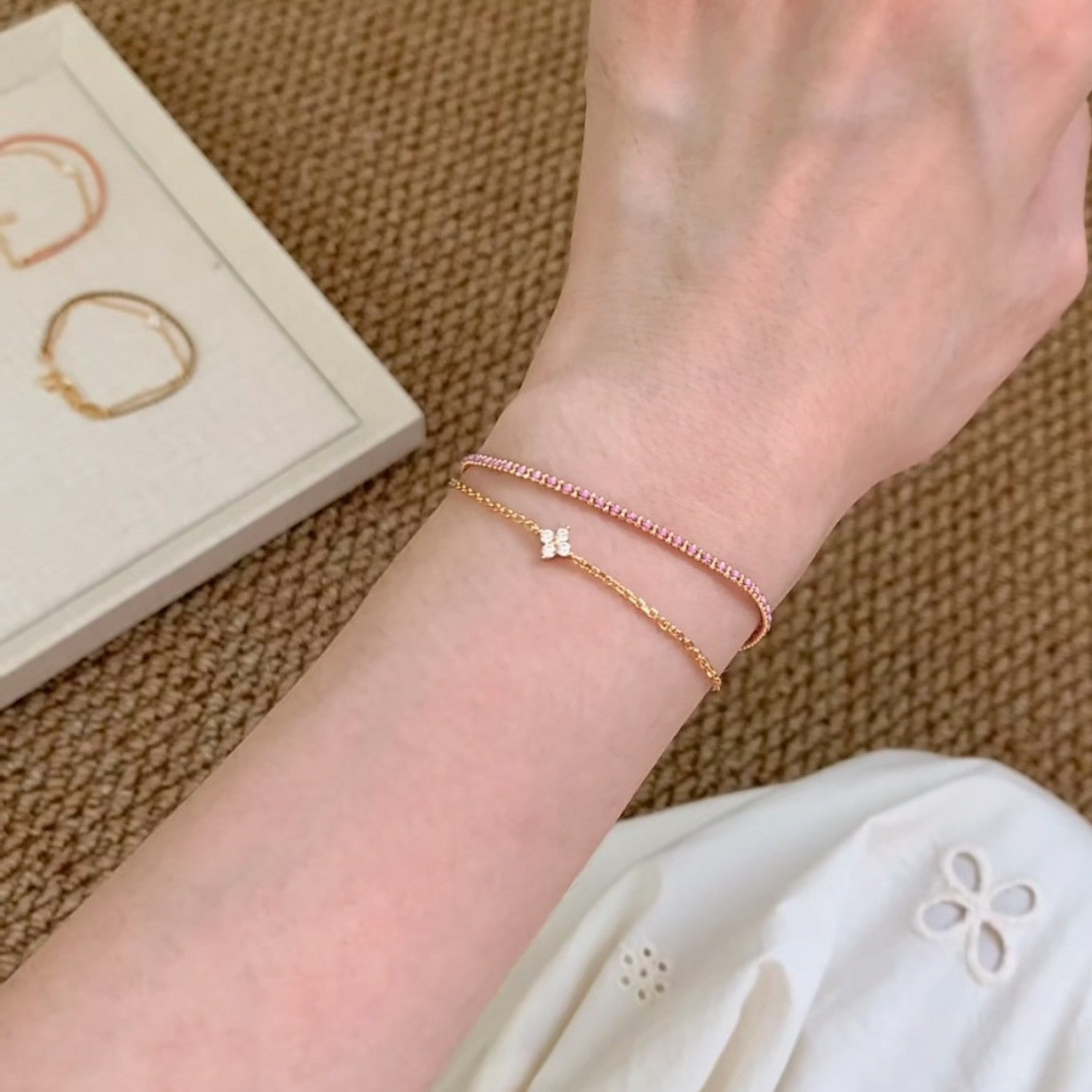 Sterling Silver S925 Four-Leaf Clover Double Layer Stacked Woven Bracelet Niche High-End Versatile Jewelry