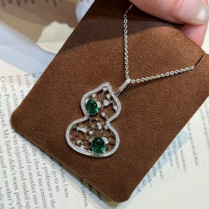 Pure Silver S925 National Style New Chinese Hollow Flower Window Emerald Gourd Fortune Necklace Vintage Exquisite Choker Light Luxury