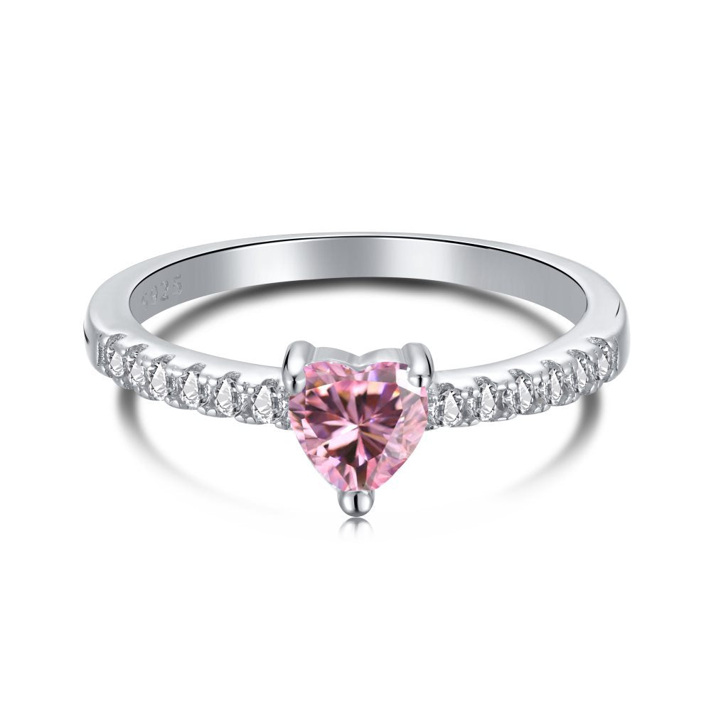 S925 Sterling Silver Ring Inlaid with Pink Water Drop Heart Zircon Ring Row Diamond Ring Pink Diamond Ring