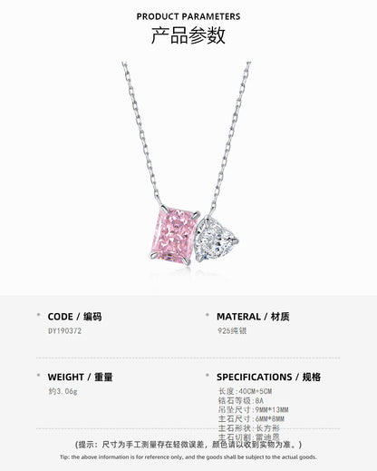 S925 Sterling Silver High Carbon Diamond Necklace for Women Ice Flower Cut Pink Heart Pendant Green Diamond High-end Collarbone Chain
