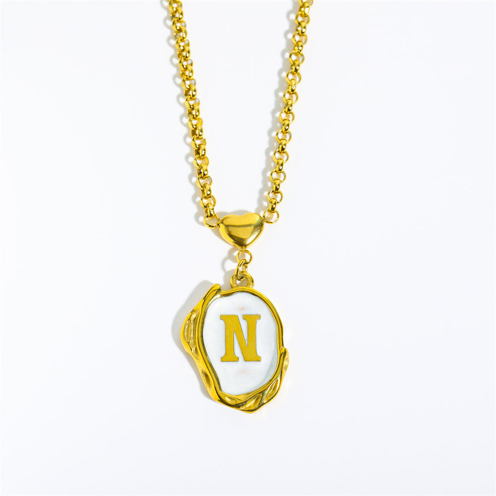 Titanium Steel 26 Letters Gold Medal Necklace Oil Drop Three-Dimensional Character Pendant Holiday Style Oyster Shell Clavicle Chain for Women