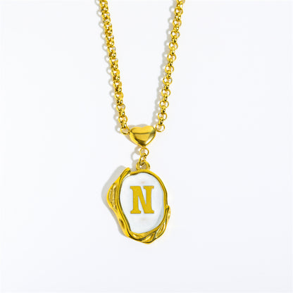 Titanium Steel 26 Letters Gold Medal Necklace Oil Drop Three-Dimensional Character Pendant Holiday Style Oyster Shell Clavicle Chain for Women