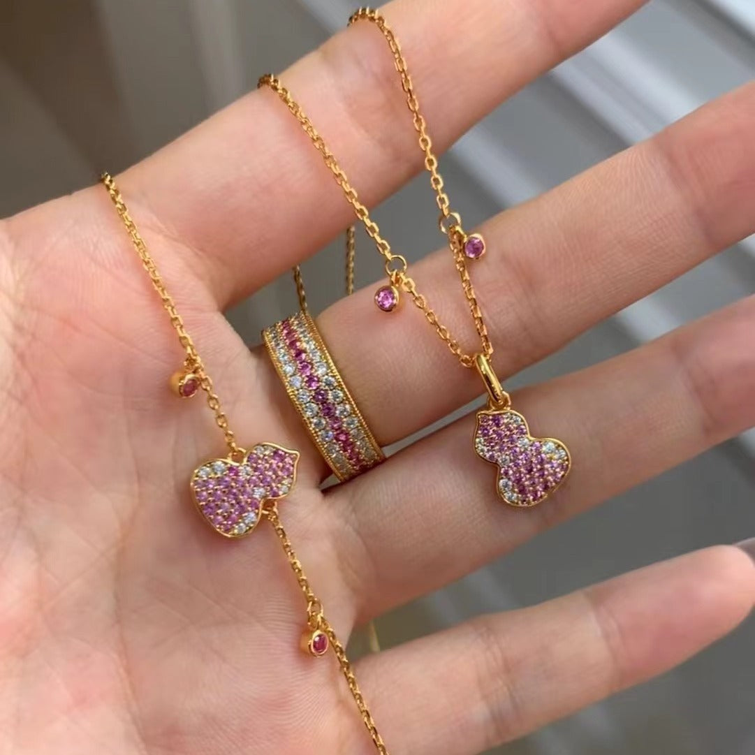 New Dreamy Romantic Pink Gemstone Gourd Necklace Versatile Full Diamond Gourd Bracelet