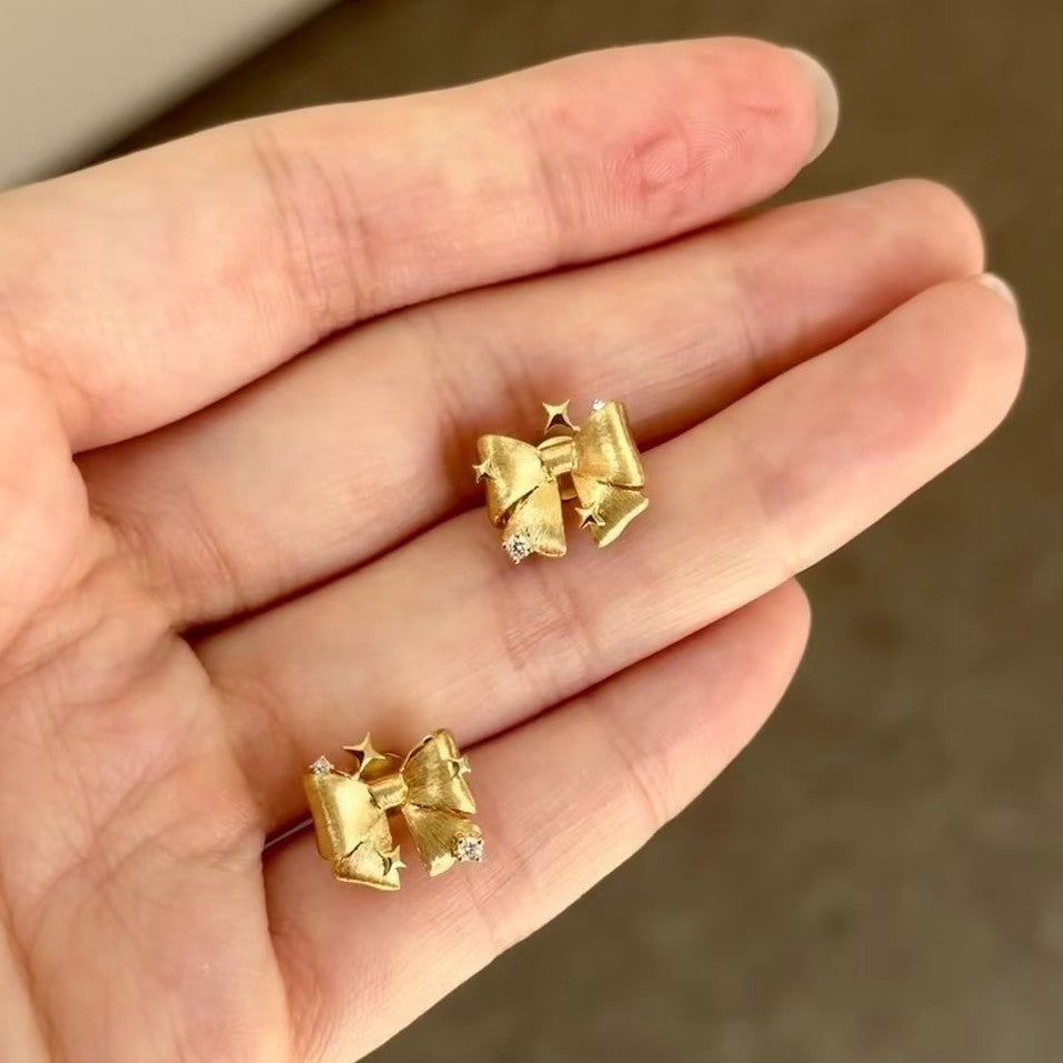 Italian Vintage Brushed Craft Light Luxury High-end Feel 925 Sterling Silver Runaway Princess Bow Brushed Earrings