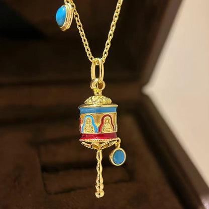 New Chinese Style Enamel Craft Prayer Wheel Necklace Vintage Exquisite Light Luxury Niche Temperament Collarbone Chain