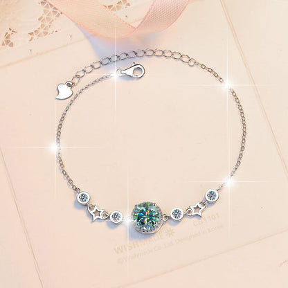 Pure Silver Bracelet Original Fashion Jewelry Simple Round Star Birthstone Jewelry Moissanite Bracelet