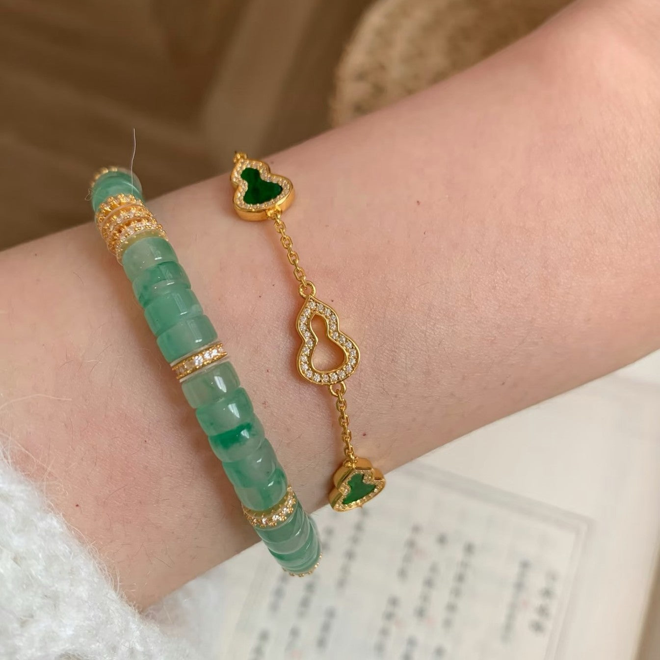 Pure Silver S925 New Chinese Style Jade Green Gourd Fortune Bracelet Niche Design Light Luxury High-end National Style Versatile Jewelry