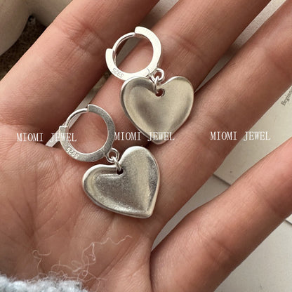 S925 Sterling Silver Korean Version Niche Design Matte Heart Earrings Vintage Simple Korean Style Basic Earrings