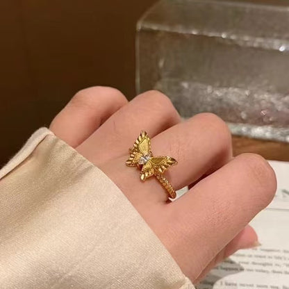 Italian Vintage Brushed Light Luxury High-End Plant Series 925 Sterling Silver Brushed Craft Butterfly Ring