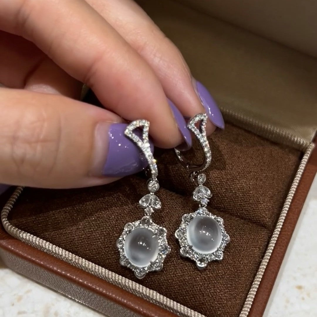 S925 Silver Ice Foam Jade Earrings Chain Light Luxury High-end Cool Elegant Water Foam Jade Natural Fashion Stud Earrings