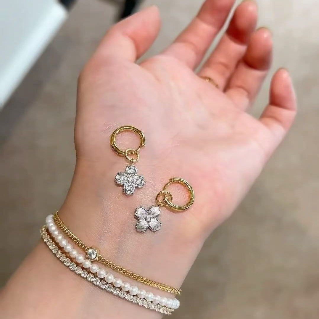 S925 Silver Four-Leaf Clover Two-Tone Reversible Earrings Elegant High-End Zircon Light Luxury