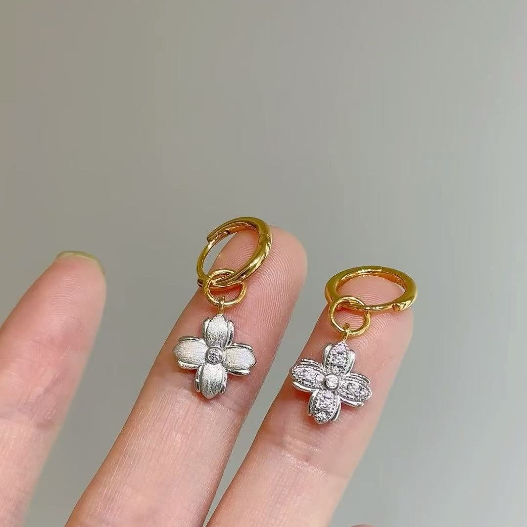 S925 Silver Four-Leaf Clover Two-Tone Reversible Earrings Elegant High-End Zircon Light Luxury