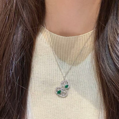 Pure Silver S925 National Style New Chinese Hollow Flower Window Emerald Gourd Fortune Necklace Vintage Exquisite Choker Light Luxury