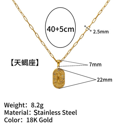 18K Gold Plated Zircon Embossed Ancient Method Pendant Zodiac Titanium Steel Necklace