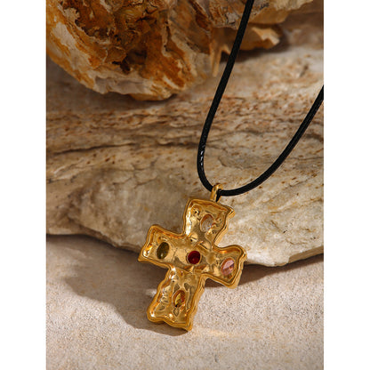 Ins Internet Celebrity Same Style 18K Gold Stainless Steel + Wax Cord + Colorful Zircon/Hammered Cross Zircon Necklace