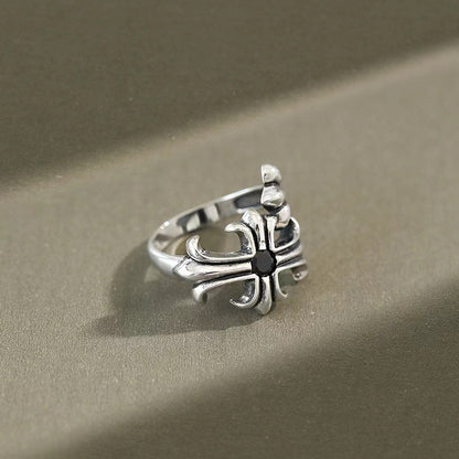 Pure Silver S925 Cross Carved Ring Japanese and Korean Trend Creative Retro Open Trendy Brand Cross Ring for Men and Women