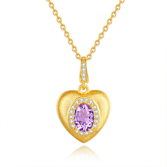 Sterling Silver S925 Brushed Heart Necklace Inlaid with Natural Crystal Stone Niche Autumn Winter Style Garnet Peridot Pendant