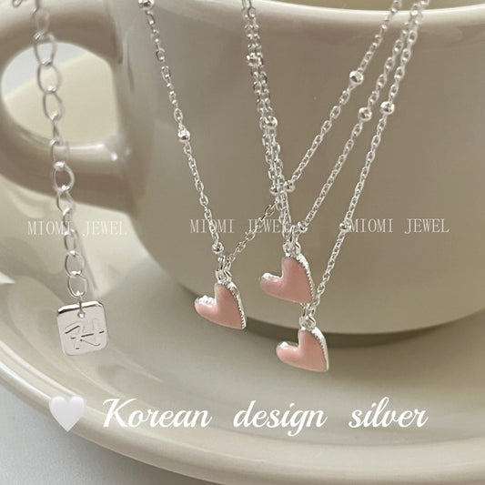 Korea Dongdaemun Style Silver Jewelry S925 Sterling Silver Pink Glaze Heart Bead Necklace Cute Versatile for Women