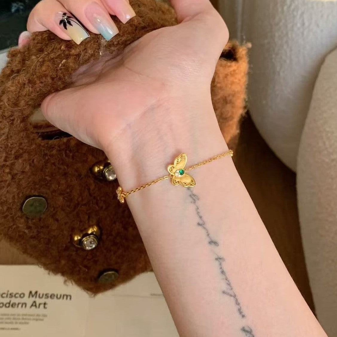 Sterling Silver S925 Brushed Craft Butterfly Bracelet Necklace Set Niche Design Light Luxury High-end Versatile