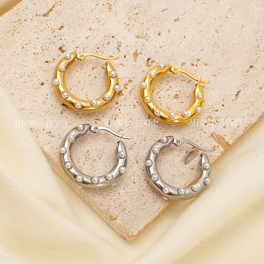 18k Gold Inlaid Pearl Circle Earrings Light Luxury High-end Feel Non-fading Titanium Steel Water Drop C-shaped Ear Jewelry