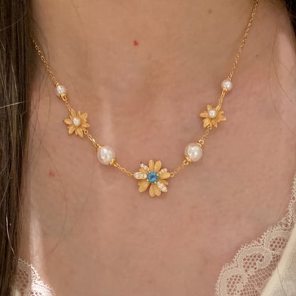 Pure Silver S925 Brushed Craft Small Daisy Pearl Necklace Light Luxury High-end Niche Versatile Collarbone Chain