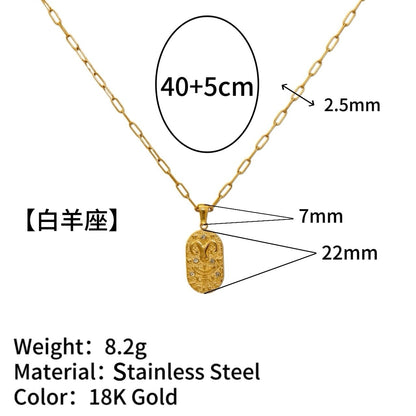 18K Gold Plated Zircon Embossed Ancient Method Pendant Zodiac Titanium Steel Necklace
