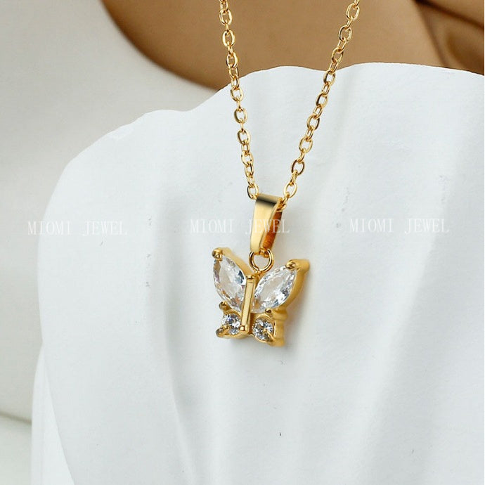 Titanium Steel 18K Vacuum Plated Colorful Zircon Necklace for Women High-End Light Luxury Micro-Paved Zircon Necklace Butterfly Design
