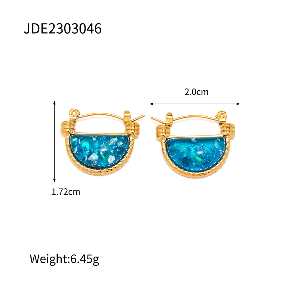 Fashion Retro Style Natural Blue Resin Fan-Shaped Basket Pendant Necklace for Women Stainless Steel Jewelry