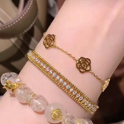 Vintage Style Pure Silver S925 Real Gold Plated Chanel Style Rose Flower Bracelet Push-Pull Adjustable Bracelet Necklace
