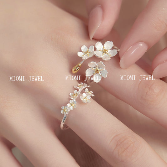 S925 Sterling Silver French Retro Palace Style Three-Dimensional Flower Iris Ring Color-Block Ancient Medieval Open Ring
