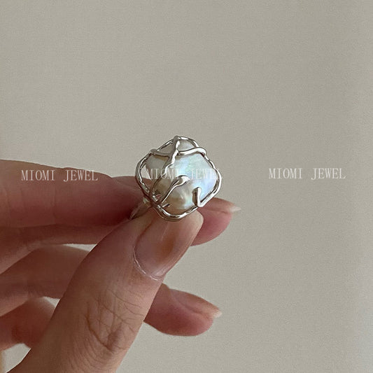 Weian S925 Sterling Silver Ring with Pearl, Spanish Designer Style, Niche Baroque Ring J0057