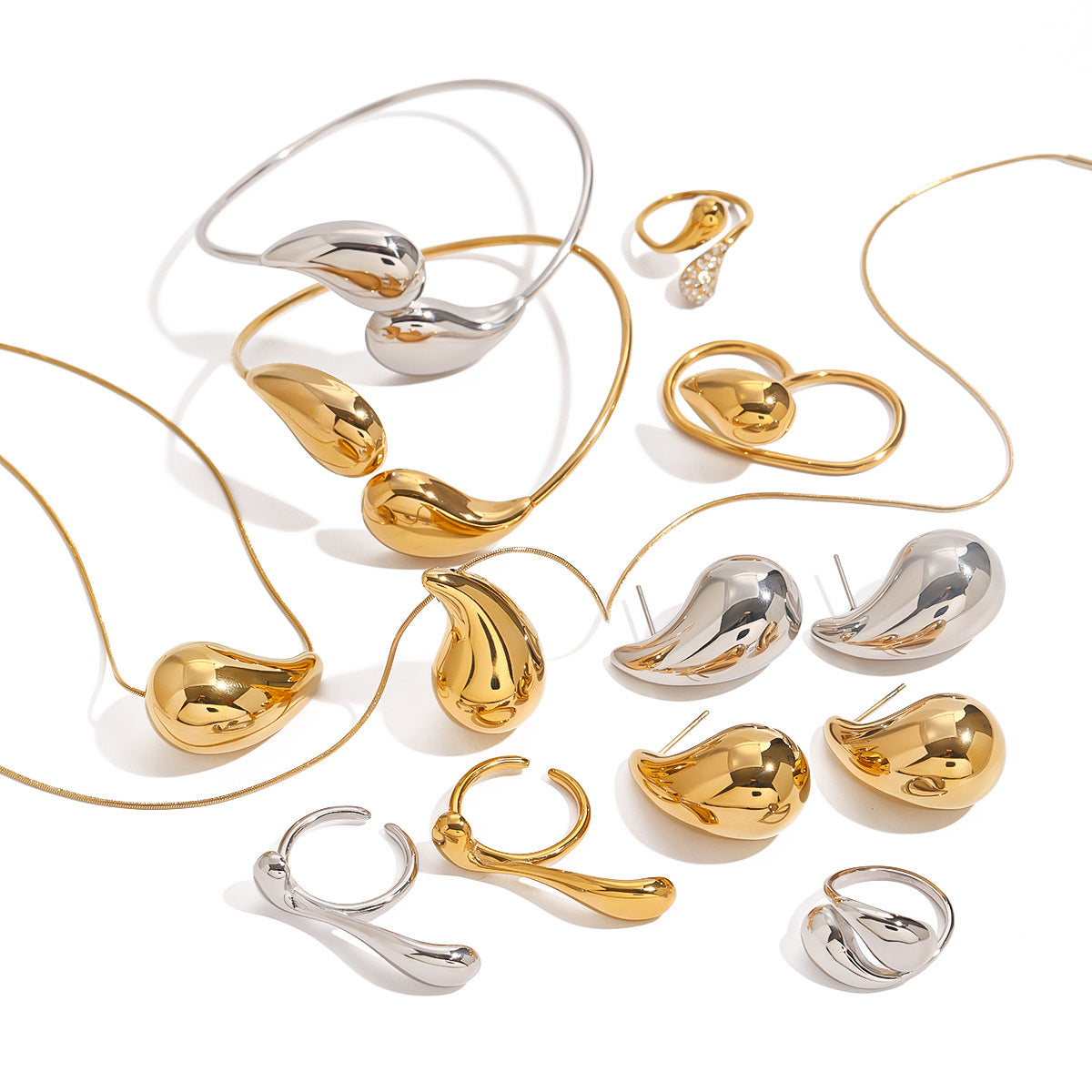 Stainless Steel Water Drop Necklace High-end Earrings Niche Open Bracelet Titanium Steel Ring Jewelry