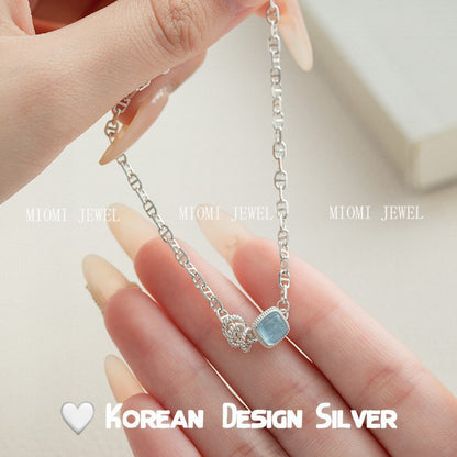 S925 Sterling Silver Exquisite Fat Square Aquamarine Bracelet