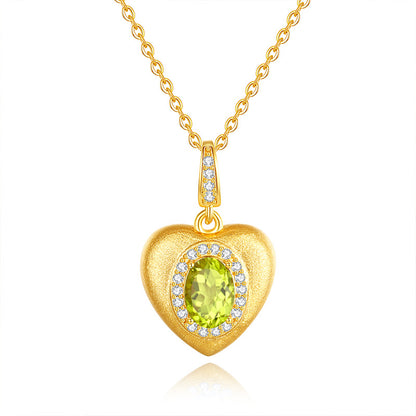 Sterling Silver S925 Brushed Heart Necklace Inlaid with Natural Crystal Stone Niche Autumn Winter Style Garnet Peridot Pendant