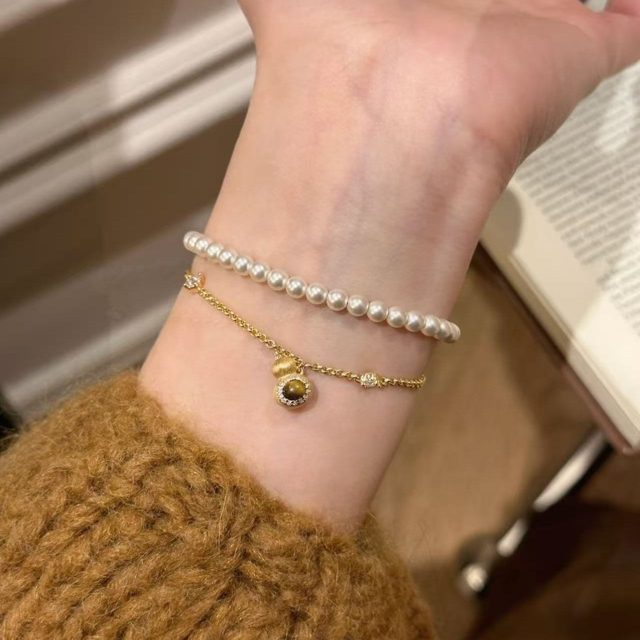 Pure Silver S925 Brushed Craft Tiger Eye Stone Gourd Fortune Bracelet High Aesthetic Light Luxury Niche Exquisite Versatile Jewelry