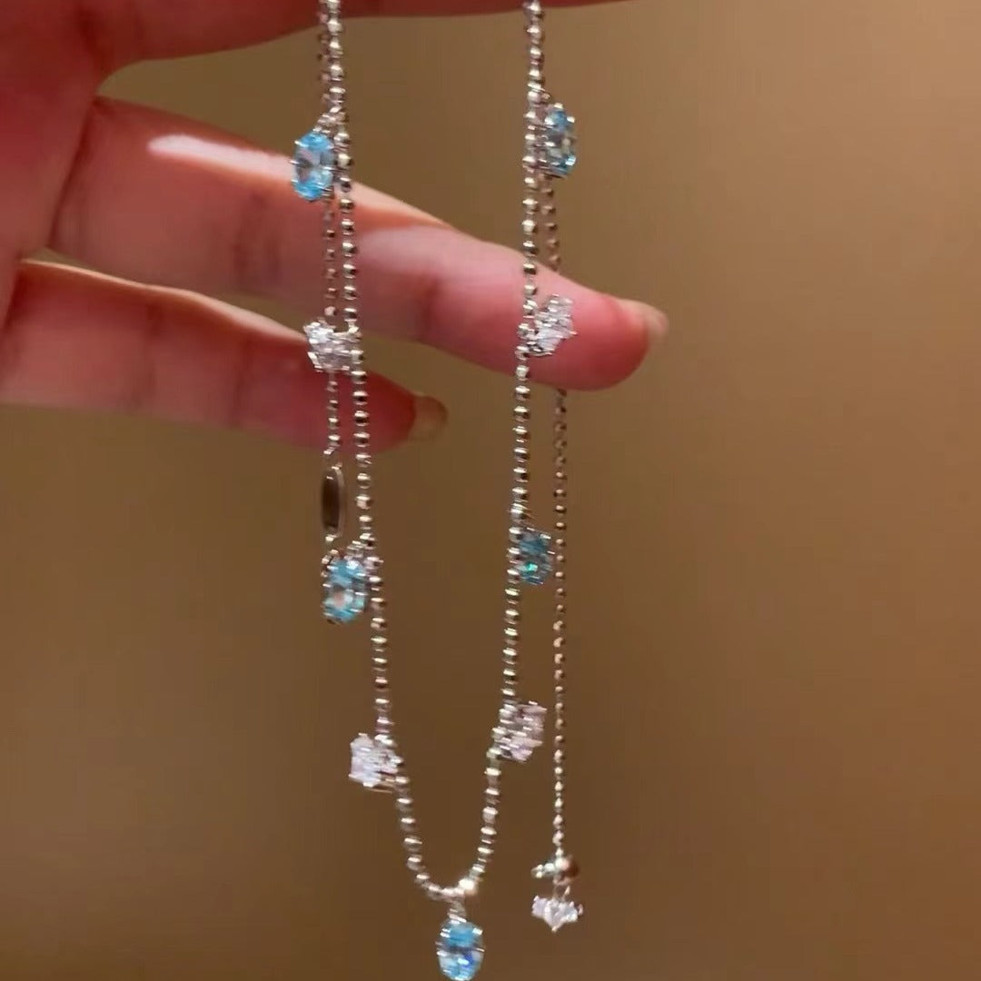 Pure Silver S925 Light Luxury Paraiba Zircon Geometric Water Drop Necklace Simple Trendy Collarbone Chain Fashionable High-end Feel