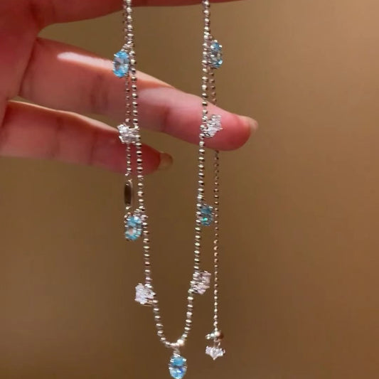 Pure Silver S925 Light Luxury Paraiba Zircon Geometric Water Drop Necklace Simple Trendy Collarbone Chain Fashionable High-end Feel