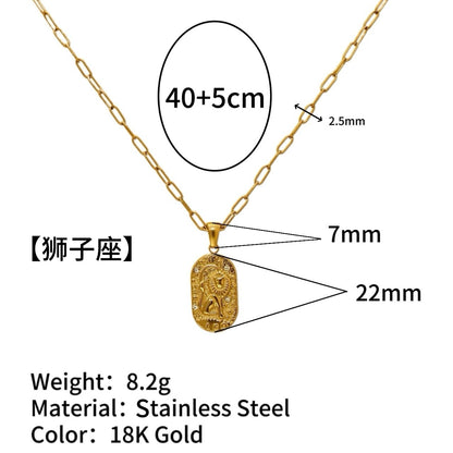 18K Gold Plated Zircon Embossed Ancient Method Pendant Zodiac Titanium Steel Necklace