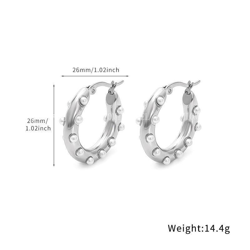 18k Gold Inlaid Pearl Circle Earrings Light Luxury High-end Feel Non-fading Titanium Steel Water Drop C-shaped Ear Jewelry
