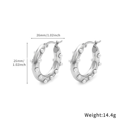 18k Gold Inlaid Pearl Circle Earrings Light Luxury High-end Feel Non-fading Titanium Steel Water Drop C-shaped Ear Jewelry