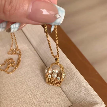 Flower Basket Pearl Necklace Three-Dimensional Woven Basket Niche Design Light Luxury High-End Versatile Style Necklace for Women