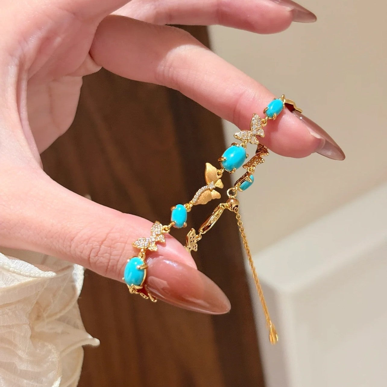 Pure Silver S925 Brushed Craft Blue Turquoise Butterfly Bracelet Vintage Court Style Light Luxury Niche High-end Versatile