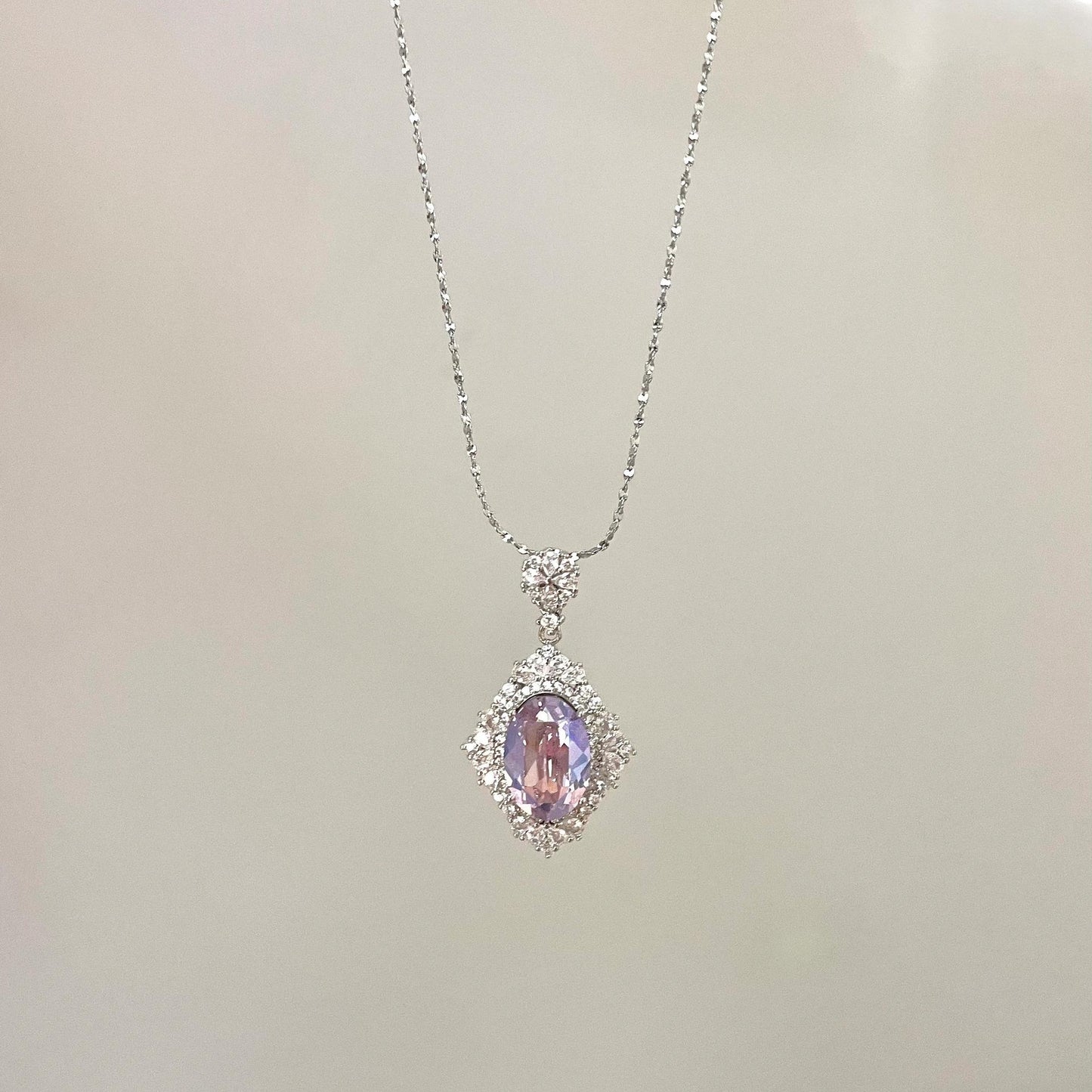 S925 Sterling Silver French Style Brilliant Violet Ice Flower Zircon Necklace Pigeon Egg Oval Pendant Full Diamond