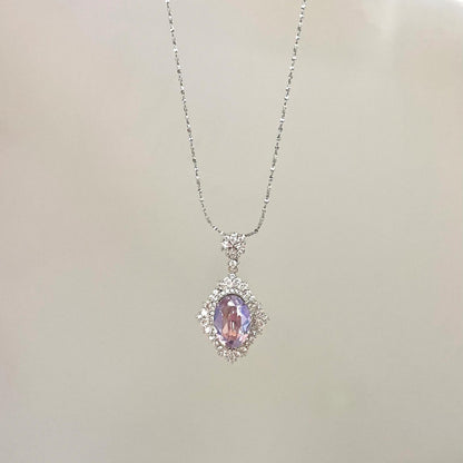 S925 Sterling Silver French Style Brilliant Violet Ice Flower Zircon Necklace Pigeon Egg Oval Pendant Full Diamond