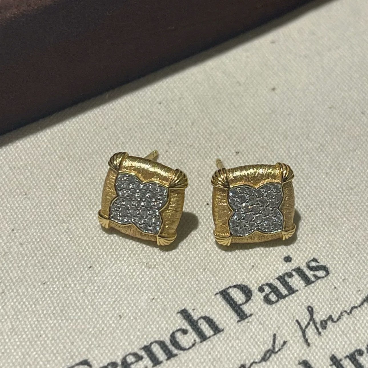 Pure Silver S925 Italian Craft Brushed Craft Four-Leaf Clover Color-Blocked Electroplated Earrings High-End Light Luxury Versatile