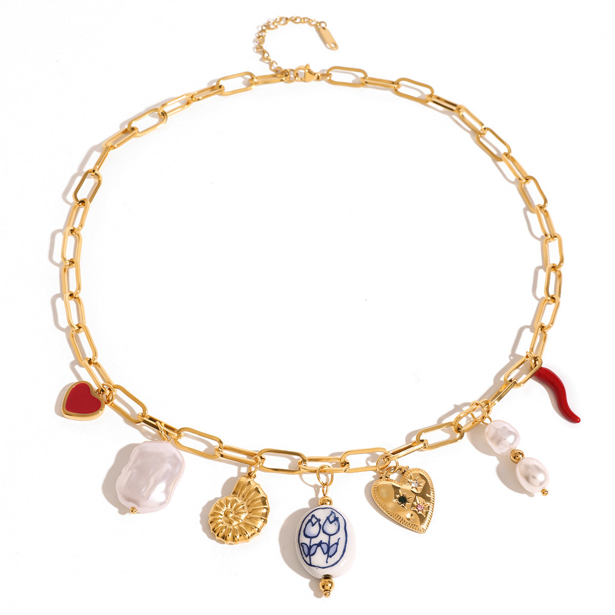 Stainless Steel Pearl Heart Conch Pendant Necklace Vacation Style Ocean Neck Jewelry Export Ins Style Accessories for Women